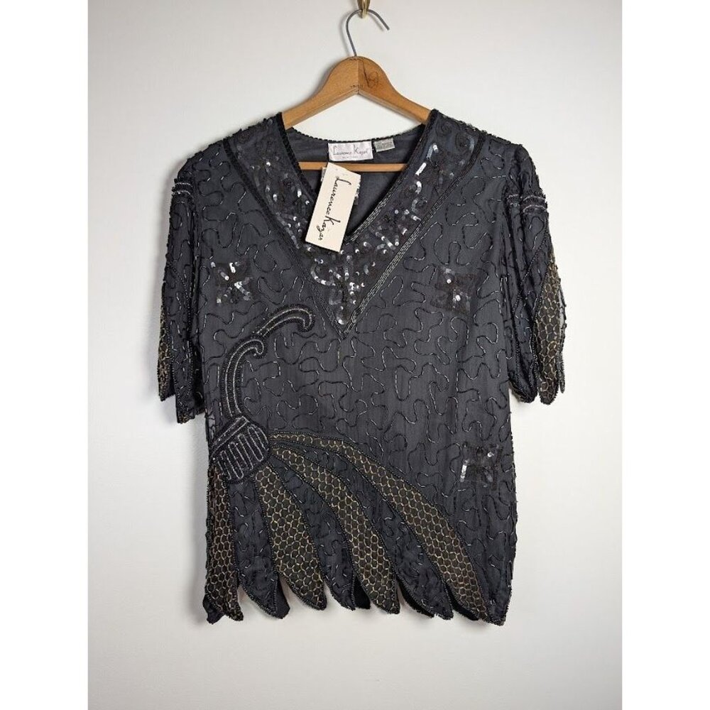 Vintage Laurence Kazar Blouse Large Sequin Beaded Silk Witchy Party Evening NEW